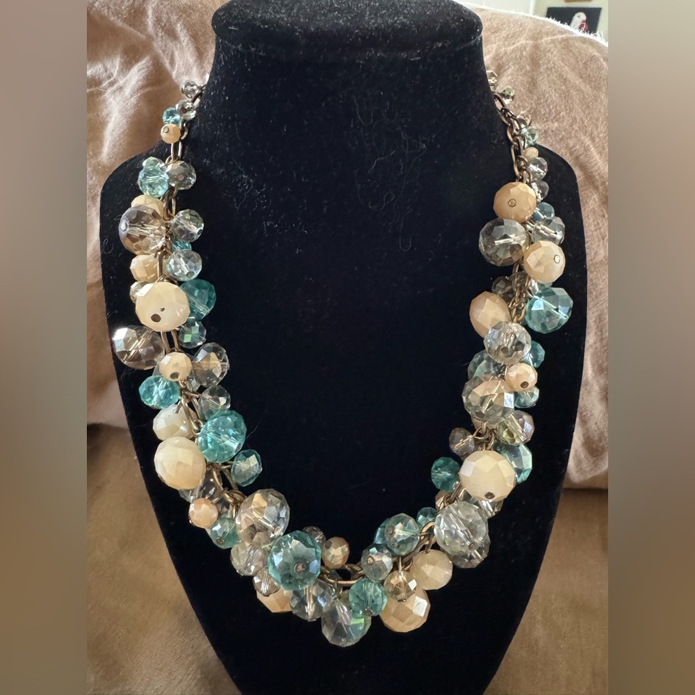 Sparkly, Stunning Aldo Beaded Necklace in Blue, Cream and Grey.